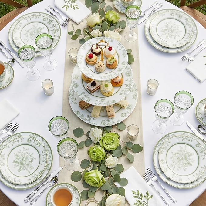 Lallisa Sage Green Floral 3 Tier Dessert Stand 10", 9" and 7" Ceramic Vintage Chinoiserie Tea Party Tiered Tray Cupcake Stand Display Holder Tower for Wedding Baby Shower Bridal Shower Tea Party