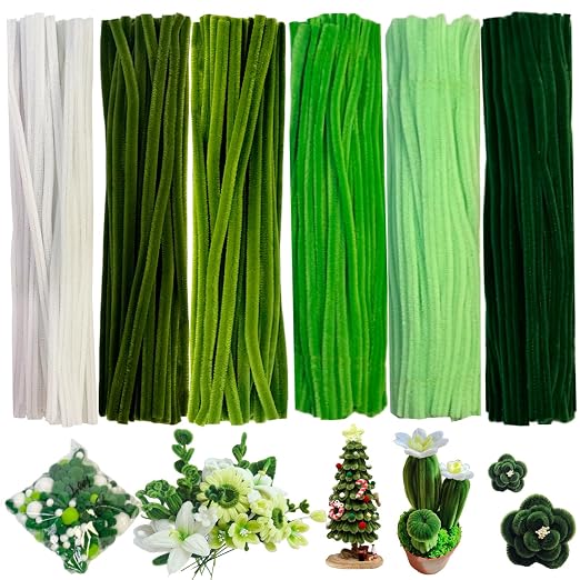 6 Color Green Pipe Cleaners Bulk with Pompoms - 900pcs Craft Kit Fluffy Fuzzy Wire and Pastel Pom Poms Chenille Stems for Arts & Crafts, Flowers School Classroom Christmas Party Supplies