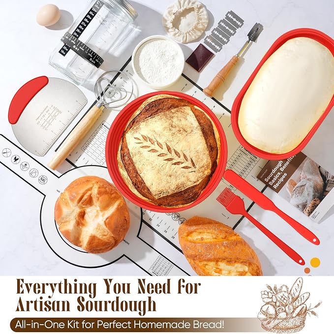 Sourdough Starter Kit with Jar – Complete Sourdough Bread Baking Supplies for Beginners, Includes 2 Silicone Proofing Baskets Baking Mat Sour Dough Kit - Red