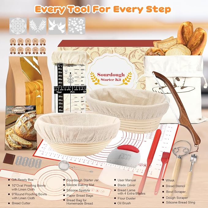 Sourdough Starter Kit, 9" Round & 10" Oval Banneton Bread Proofing Basket, Sourdough Bread Baking Supplies with Sourdough Starter Jar & Bread Slicer, Sour Dough Kit Gifts for People Who Love Baking
