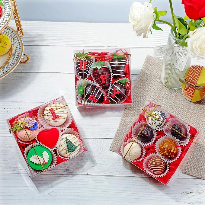 50Pack 5x5x2Inches Clear Bakery Boxes Chocolate Covered Strawberries Boxes for 4 Mini Cake Boxes Cookies Macaron Boxes Pie Boxes Browines boxes