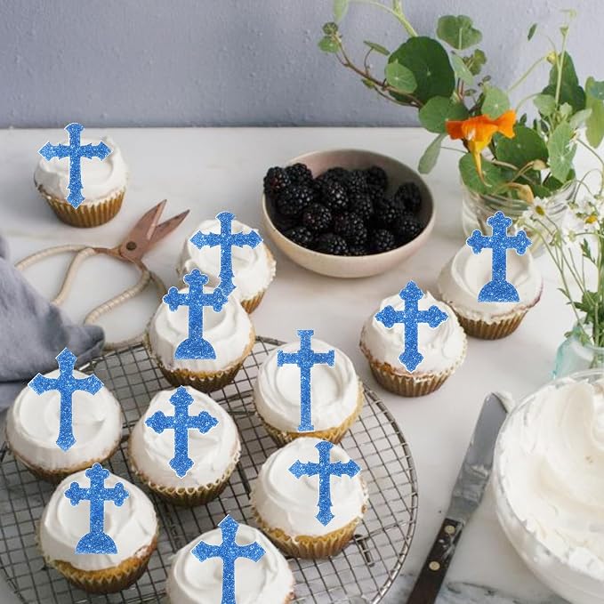 60 PCS Edible Cross Cupcake Toppers God Bless and Baptism Cupcake Toppers Edible Cross Cupcake Picks First Communion Cake Decorations for Religious Theme Baby Shower Birthday Party Supplies Blue