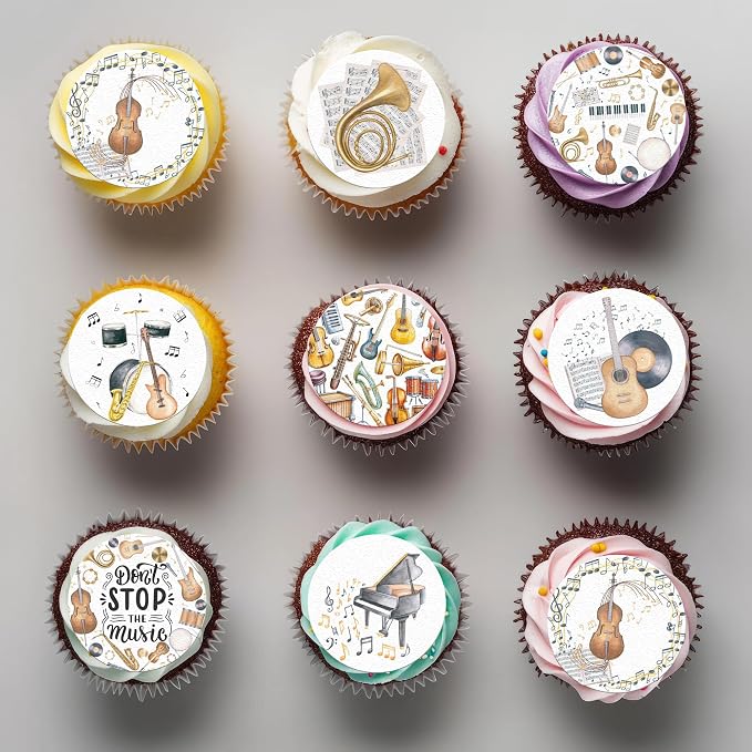 36PCS Edible Musical Instrument Cupcake Toppers Wafer Paper Music Symbol Cake Picks Music Concert Cake Topper Guita Piano Violin Cupcake Picks for Concert Theme Party Decor (Musical)