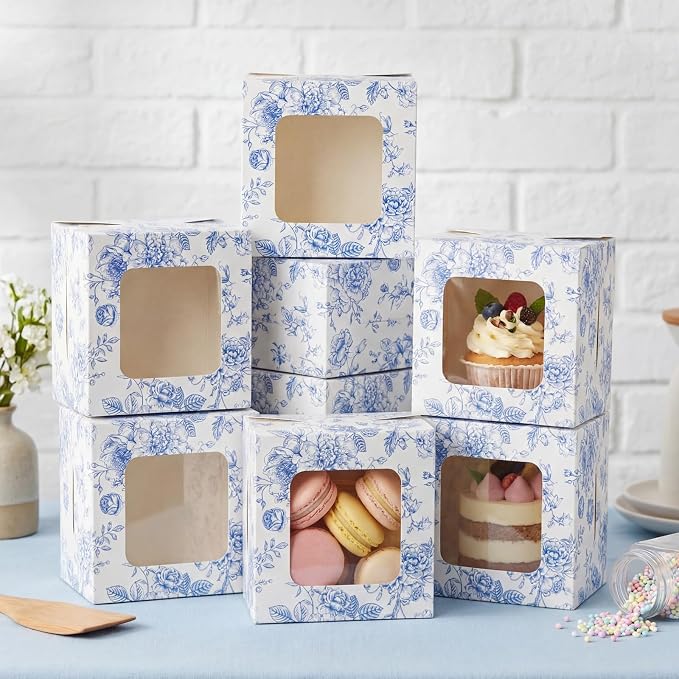 50 Pack Blue Floral Cookie Boxes with Window, Chinoiserie Small Bakery Treat Boxes for Pastry Donuts Macaroon Cupcakes, Wedding Bridal Shower Birthday Tea Party Baby Shower Favors
