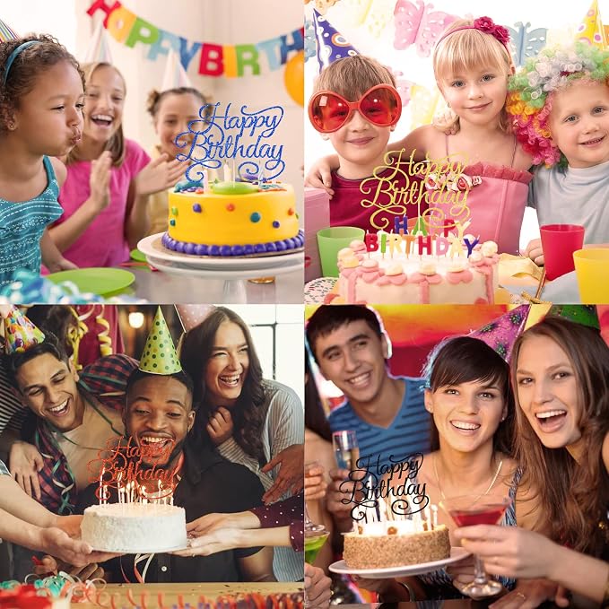 BEISHIDA Happy Birthday Cake Topper Black Glitter Happy Birthday Cake Bunting Decoration Birthday Party Cake Decoration Supplies, for Photo Booth Props