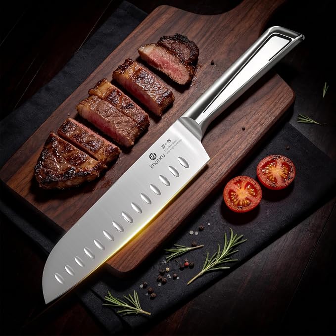 imarku Chef Knife Ultra Sharp Santoku Knife 7 Inch, High Carbon Stainless Steel Japanese Kitchen Knife with Hollow Edge | Seamless Ergonomic Handle, Gift Box for Meat/Vegetables/Tomatoes & Daily Prep