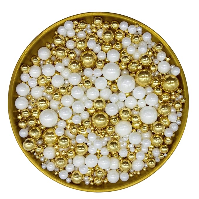 Edible Super Gold & White Sugar Pearls Sprinkles Candy Mix Size Pearls Cake Decorations Cupcake Toppers Decorating Perfect for Wedding Party Valentine Supplies 4.58OZ