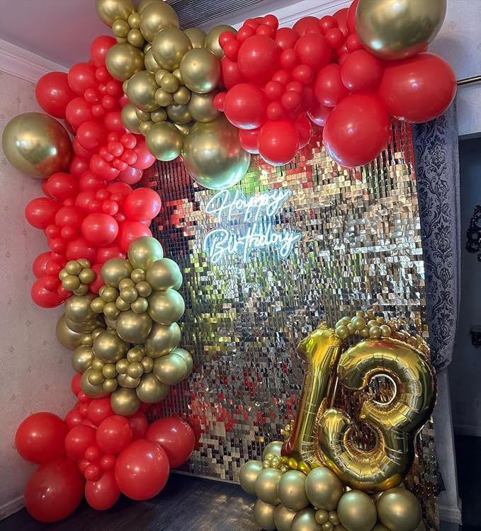 Red and Gold Balloon Arch Kit, ADOINBY 140Pcs Gold Balloon Red Balloon Confetti Balloon 18 12 10 5 Inch Different Size Balloons for Valentine's Day Wedding Birthday Engagements Anniversary Decoration