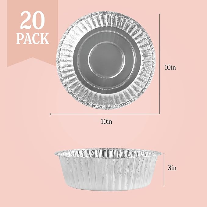 PLASTICPRO 10'' Inch Round Tin Foil Pans Disposable Aluminum, Extra Deep Freezer & Oven Safe - For Baking, Cooking, Storage, Roasting, & Reheating, Pack of 20