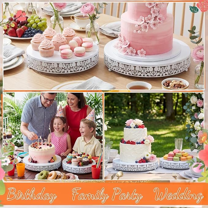 Wenqik 2 Pack Cake Stand Set, 14/16 Inch Metal Round Cupcake Dessert Stand Decorative Elegant Cake Display for Weddings Party Birthday Baby Showers Anniversary(Classic Floral,White)