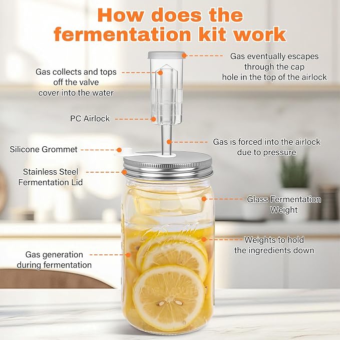 Xileanalee Fermentation Kit Set for Wide Mouth Mason Jar,Sauerkraut/Pickling Kit with 4 Glass Fermentation Weights,4 Fermenting Lids,4 Airlocks,5 Silicone Gaskets,5 Silicone Grommets(No Jars)