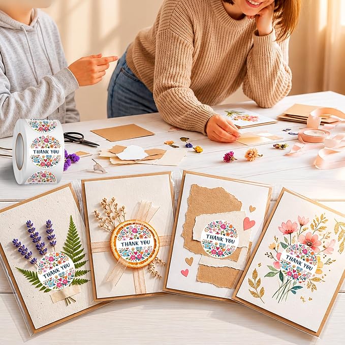 Louise Maelys 1.5Inch Thank You Stickers Roll 500Pcs Floral Pattern Labels | Waterproof Flower Thank You Stickers For Small Business, Easy Peel, Envelope , Gift Packaging, Party Favors Handmade Sellers