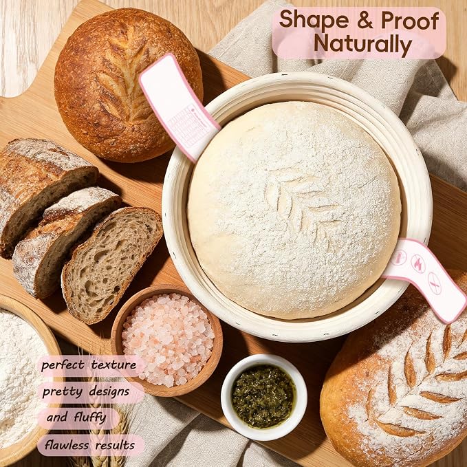 Sourdough Starter Kit, Sourdough Bread Baking Supplies with Banneton Bread Proofing Basket, Starter Jar, Sourdough Tools Kit, Bread Making Kit,Pink Baking Gifts for Women Mom Wife Love Baking