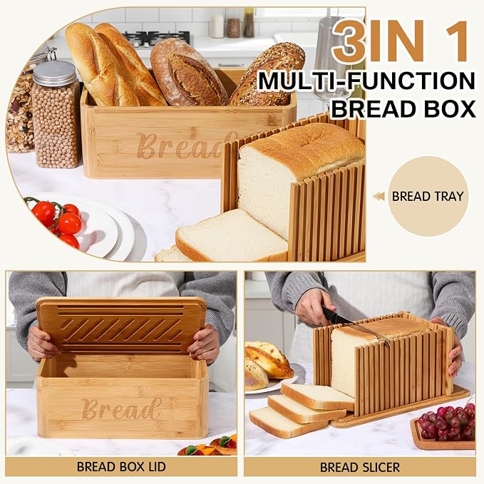 Bread Box with Bread Slicer Storage Container for Kitchen Countertop Food Storage with Multifunction Bamboo Lid, 3 in 1 Breadbox Removable Cut Board for Loaf Slicing (Wood Color,Wooden, Bamboo)