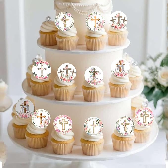 64 PCS Edible Floral Cross Cupcake Toppers Greenery Chapel of the Holy Cross Cupcake Picks Edible God Bless Christian Baptism Cake Decorations for First Communion Baby Shower Birthday Party Supplies