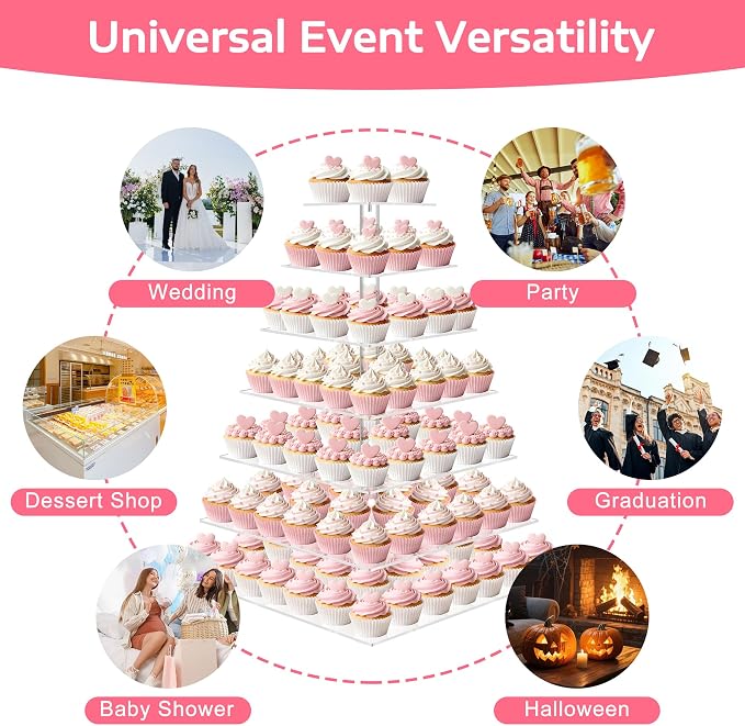 weddingwish Cupcake Stand, 7 Tier Square Cupcake Stand for 160 Cupcakes, Acrylic Cupcake Tower Stand, Large Cupcake Display Stands, Tiered Cupcake Holder Stand for Birthday, Party, Baby Shower