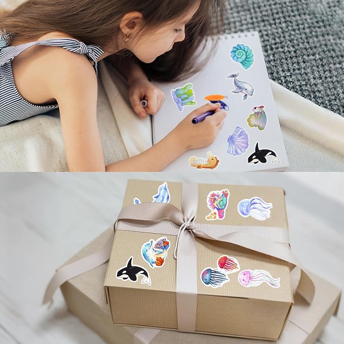 100 Pcs Ocean Stickers for Scrapbooking, Waterproof Vinyl Cute Sea Animal Stickers for Scrapbook Laptops Water Bottles, Decorative Decals for Teens Students Adults