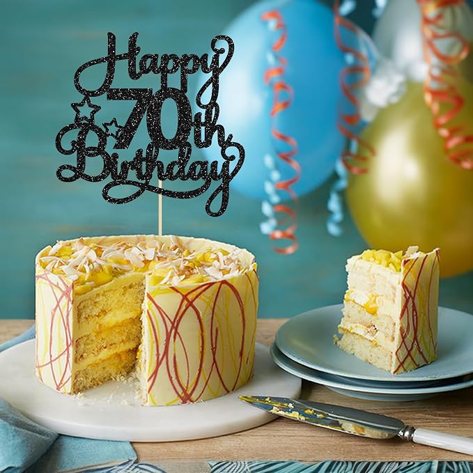 1 Pack Happy 70th Birthday Cake Topper Black Glitter 70 & Fabulous Cheers to 70 Years Old 70th Birthday Cake Pick for Celebrating 70th Birthday Anniversary Party Cake Decoration Supplies