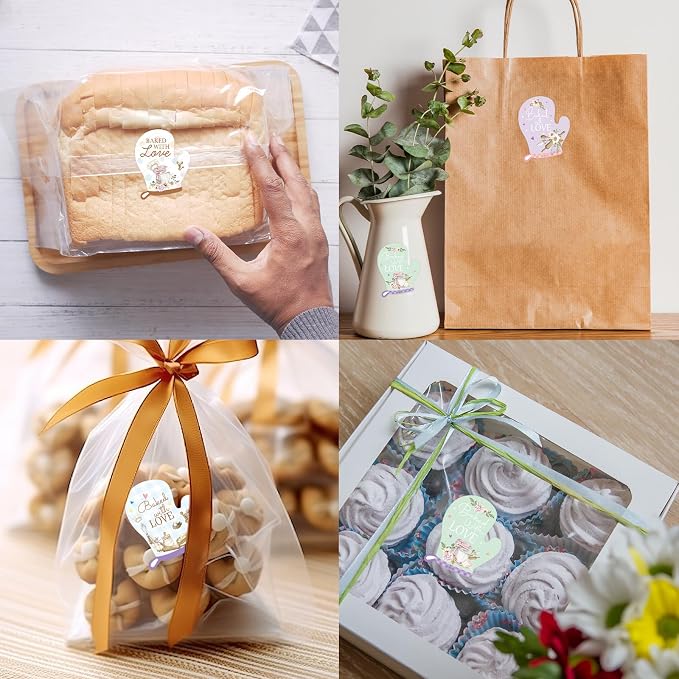 WorldBazaar Baked with Love Stickers 500pcs Oven Mitt Homemade with Love Stickers Baked Cookies Goods Packing and Wrapping Labels Business Birthday Wedding Baby Shower Christmas Party Supplies