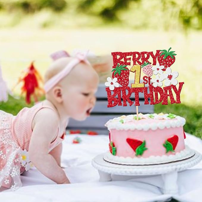 1 PCS Berry 1st Birthday Cake Topper - Red Glitter Flower Fruit Sweet One Strawberry Cake Pick - First Birthday Cake Decoration for Baby Shower Party Decorations Supplies