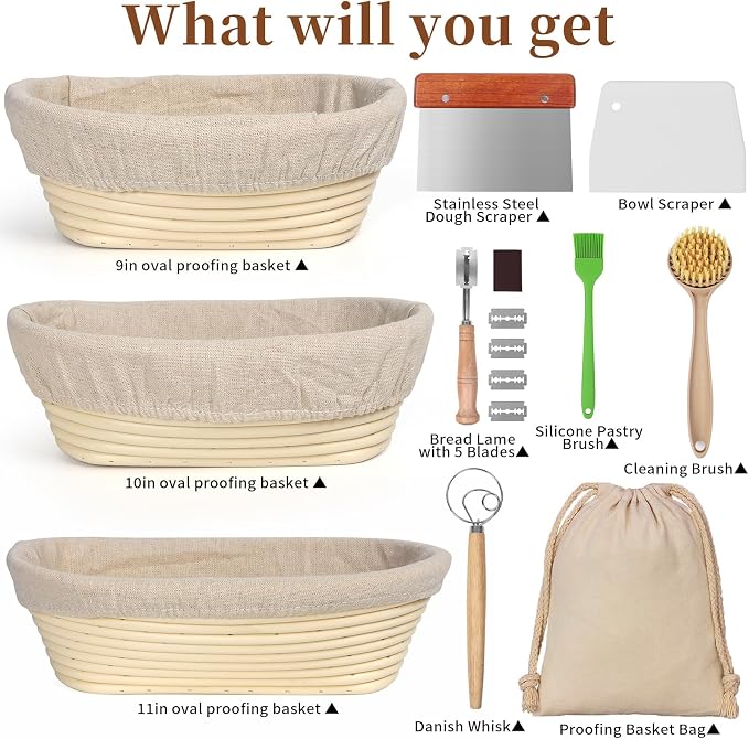 Banneton Bread Proofing Basket Set, 11 Inch Sourdough Proofing Basket and Bread Baking Supplies-Bread Lame, Danish Whisk, Bowl & Dough Scraper, Brush, (Plastic, 9in Oval + 10in Oval+11in)