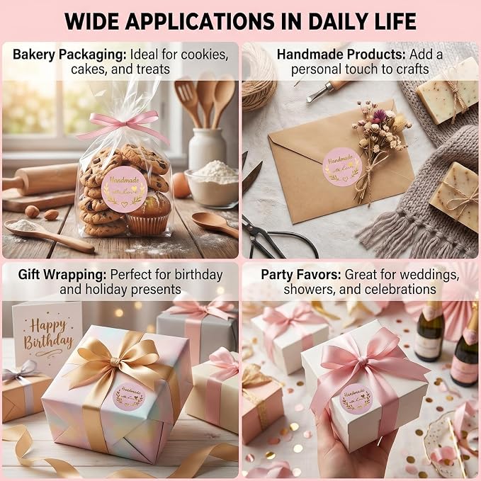 500Pcs Homemade with Love Stickers 1.5 inch Round Pink Adhesive Labels for Baking Packaging Envelope Seals Small Business Gift Wrap Handmade Crafts