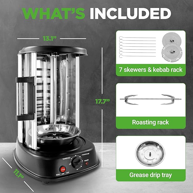 NutriChef Countertop Vertical Rotating Oven - Rotisserie Shawarma Machine, Kebob Machine, Stain & Heat Resistant Door & Energy Efficient, Includes Kebob Rack with 7 Skewers (PKRTVG34)