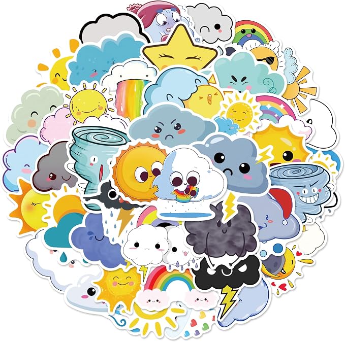 Cute Weather Stickers for Journaling - 50PCS Sun Cloud Rainbow Stickers Waterproof Vinyl Aesthetic Decals for Scrapbook, Water Bottles, Laptops, Guitar, Perfect for Kids Teens & Weather Lovers