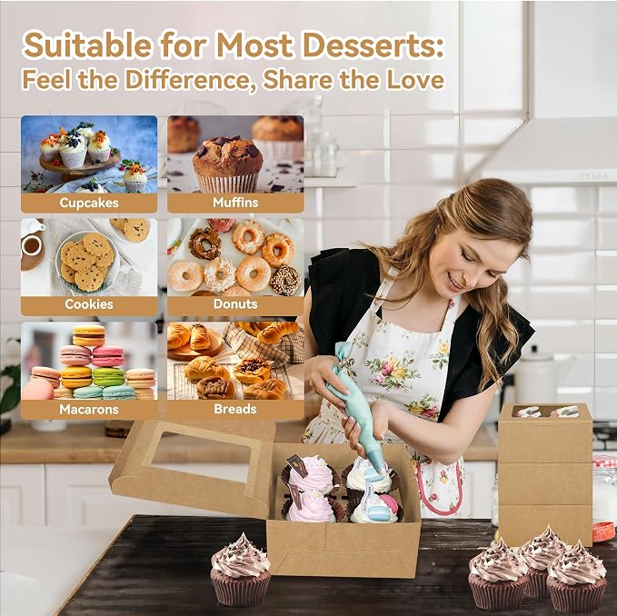 50-Set Cupcake Boxes Bulk with Clear Display Window Hold 4 Standard Cupcakes, Disposable Food Grade Brown Cupcake Carrier Cupcake Container, Perfect for Cupcakes Muffins Cookies Pastries