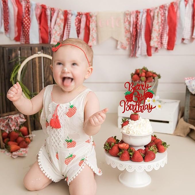 1 PCS Strawberry Berry 3rd Birthday Cake Topper Glitter Flower Sweet Fruit Theme Third Birthday Strawberry Cake Pick for Strawberry Theme Baby Shower 3rd Birthday Party Cake Decorations Supplies