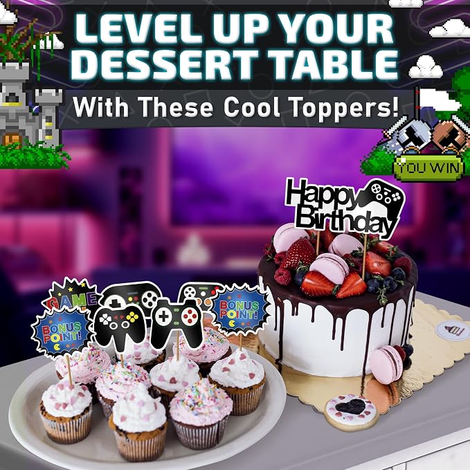 13 Pcs Gamer Cake Topper - Sturdy Cardboard Gamer Cake Decorations with Detailed Gamepads, Video Game Cake Topper Easy & Firm Installation Sticks - Splashy Video Game Decorations for Boys & Girls