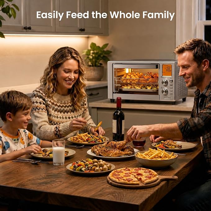 Kismile 12-in-1 Air Fryer Toaster Oven Combo, 23QT Convection Oven Countertop, 120-450℉, 360° Turbo Convection, Toast, Bake & Broil, Rotisserie for Chicken, Full Accessories, Stainless Steel