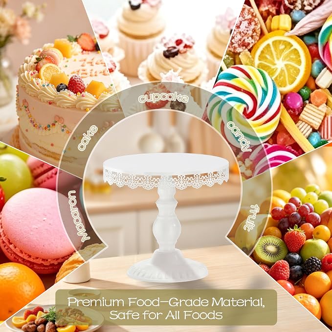 3 PCS White Cake Stands (8"&10"&12" Plate), Cupcake Stand with a lace Hollow Border Metal Cake Stand Set for Birthday Party, Wedding, Anniversary, Baby Shower