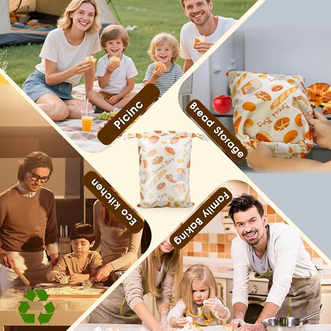 2 Pack Beeswax Bread Bags for Homemade Bread, Sourdough, Reusable Bread Bag XL Eco-Friendly Fresh Food Storage with Buckle & Zipper, Moisture Lock, Keeps Bakes Fresh Longer
