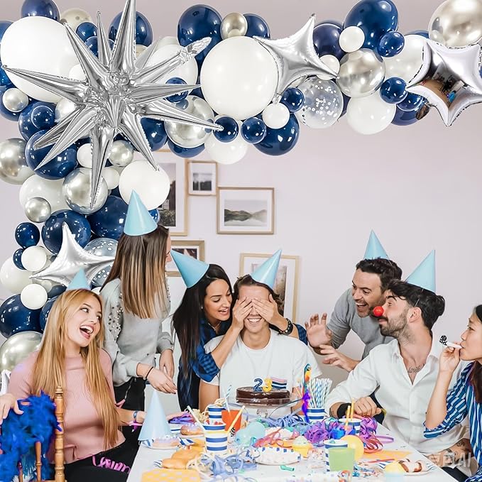 Blue Silver Balloon Garland Arch Kit, Navy Blue White Balloon Arch Kit, Metallic Silver Confetti Balloons Star Foil Balloons for Graduation Birthday Wedding Baby Shower Eid Ramadan Party Decorations