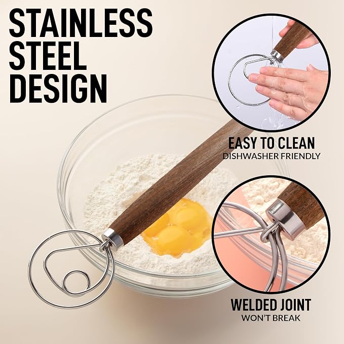 Zulay Kitchen 13 Inch Danish Dough Whisk - Large Wooden Danish Whisk For Dough With Stainless Steel Ring - Traditional Dutch Whisk Baking Tool For Bread, Batter, Cake, Pastry (Ashwood)