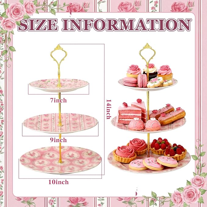 Lallisa 3 Tier Tea Party Cake Stand 10", 9" and 7" Ceramic Shabby Floral Dessert Stand with Metal Rack Coquette Cupcake Tower for Wedding Bridal Shower Baby Shower Decoration