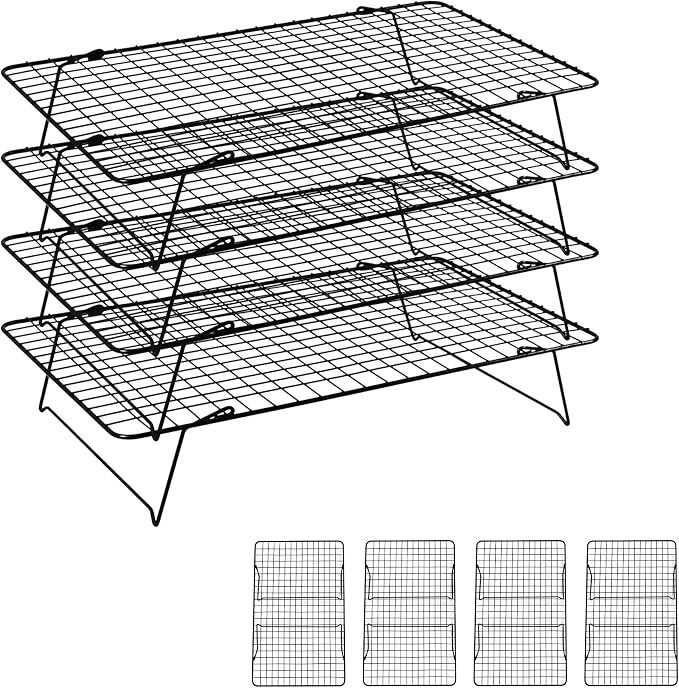 Cooling Rack, 4 Tier Stackable Cooling Racks for Cooking Baking Roasting, Multi-Level Collapsible Cookie Rack for Cakes, Oven Safe & Easy Clean (Black, 4-Tier)
