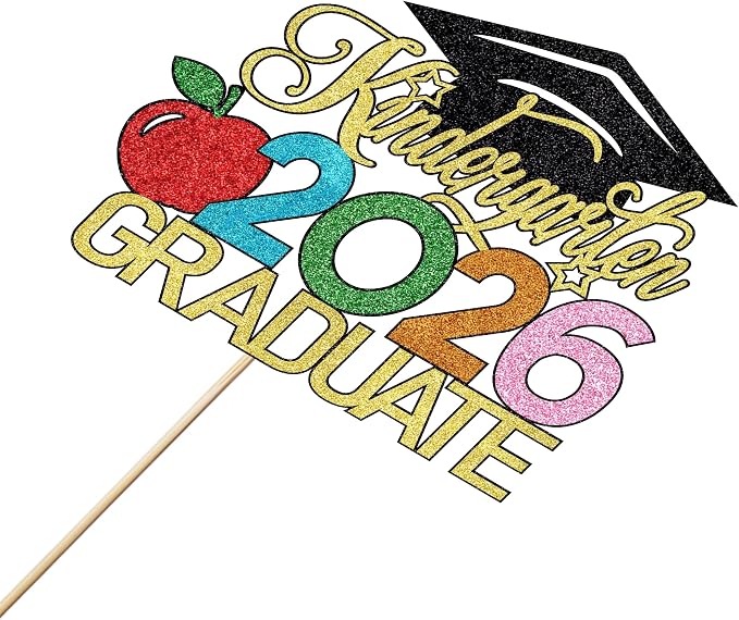Kindergarten 2026 Graduate Cake Topper, Chirldren Graduation Cake Decorations, Preschool Kindergarten Graduations Party Decoration, Glitter Grad 2026 Happy Graduation (Black Gold)