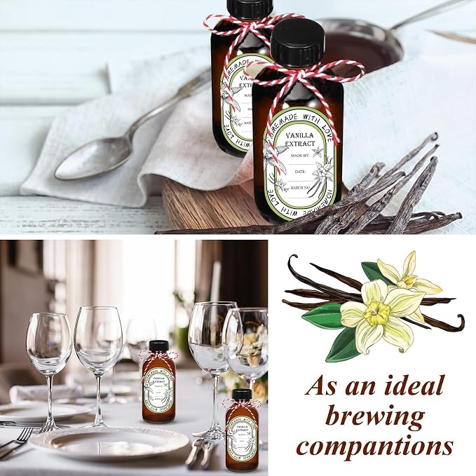 12 Pack 8 oz Vanilla Extract Bottles with Black Poly Cone Caps and 12 Pcs Vanilla Extract Stickers 240ml Boston Round Sample Bottles for Syrup Gift Glass Food Storage Canister Set Sauce Beans(8oz)