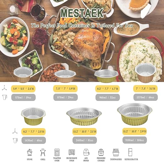 48oz Round Aluminum Foil Containers with Lids, 5 Pack | 7.7 Inch Round, Heavy Duty Foil, Ideal for Meal Prep, Pasta, Casseroles and Food Storage