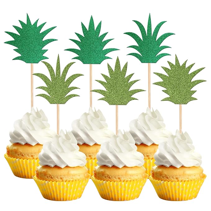 36 PCS Pineapple Cupcake Toppers Mixed Green Glitter Donut Pineapple Leaf Cupcake Picks Hawaiian Luau Cake Decorations for Pineapple Theme Summer Tropical Baby shower Kids Birthday Party Supplies
