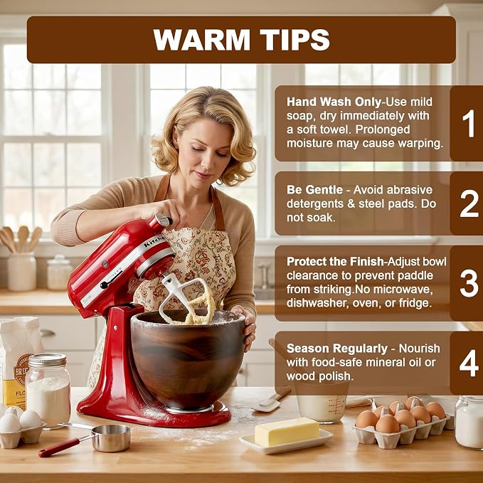 FOCOllK Wooden Bowl for KitchenAid Mixer, Premium Wood Mixing Bowl, Fits 4.5-5 QT Tilt-Head Stand Mixers, 5 Quart Natural Wooden Bowl with Stainless Steel Locking Base