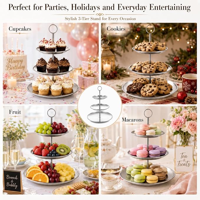 YOUNTHYE 2 Pack Silver Cupcake Stand, 3 Tier Stainless Steel Tiered Serving Tray, Dessert Display Stand for Cupcakes, Cookies, Fruit, Wedding, Birthday, Tea Party and Holiday Table