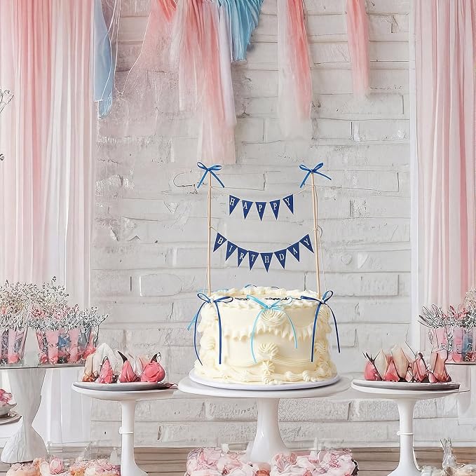 Honeydak Blue 11 Pcs Bow Ribbon Cake Topper Happy Birthday Cake Bunting Topper with Wood Pole Handmade Pennant Flags with Bows Ribbon for Birthday, Bridal Party Decoration