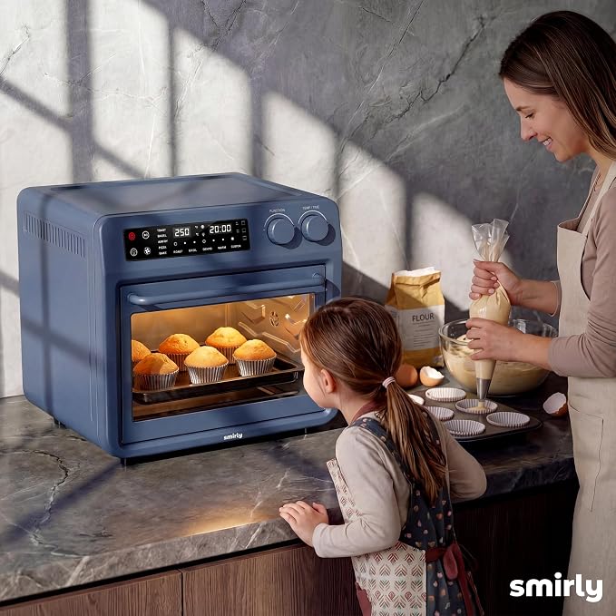 SMIRLY Digital Air Fryer Toaster Oven Combo, 25L Convection Countertop Oven, 10-in-1 Multi-Function Fits 12" Pizza & 6 Slices of Toast, Stainless Steel, Blue