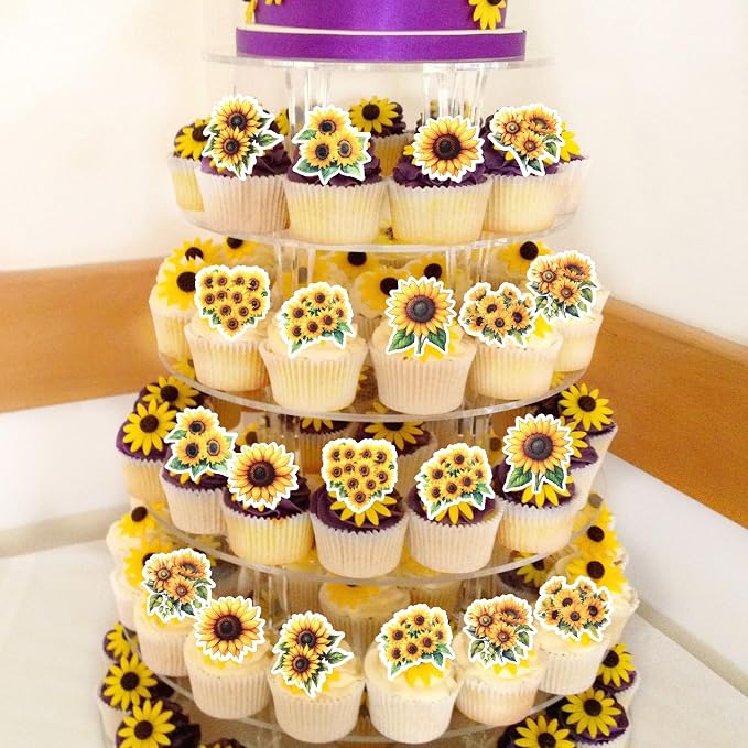 63 PCS Edible Sunflower Cupcake Toppers Wafer Paper Flower Party Cake Toppers Decorations Edible Sunflower Cupcake Picks for Baby Shower Wedding Birthday Party Cake Decorations Supplies