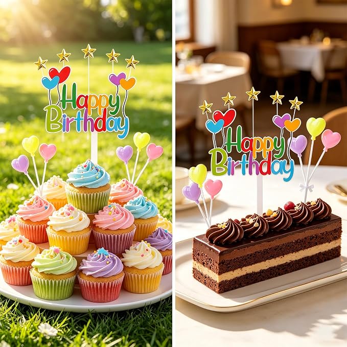 Colorful Happy Birthday Cake Topper Set - Stars and Hearts Picks, Perfect for Kids' Birthdays, Rainbow Themed Parties Ideal for Cupcakes Party Decor