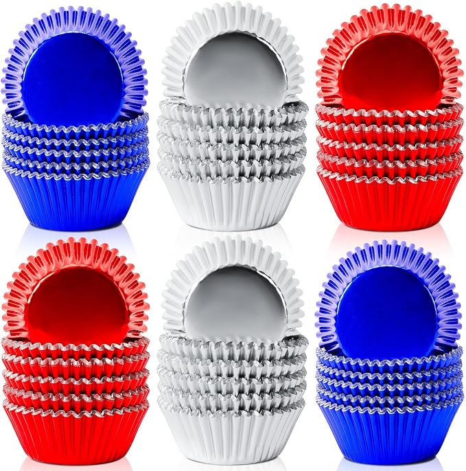 SANNIX 450Pcs 4th of July Foil Cupcake Liners Red Blue Silver Cupcake Liners Baking Cups for Patriotic Independence Day Holiday Birthday Veterans Party Cake Candy Chocolate Decorations