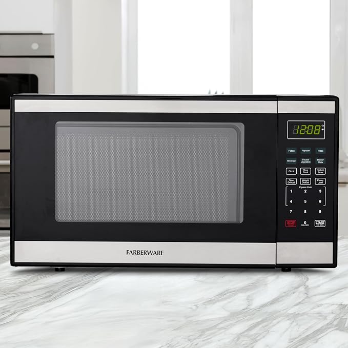 Farberware 1.3 Cu. Ft. Countertop Microwave Oven – 1000 Watts Power, Auto Cook Settings, Defrost, Easy Clean and Child Safety Lock - Stainless